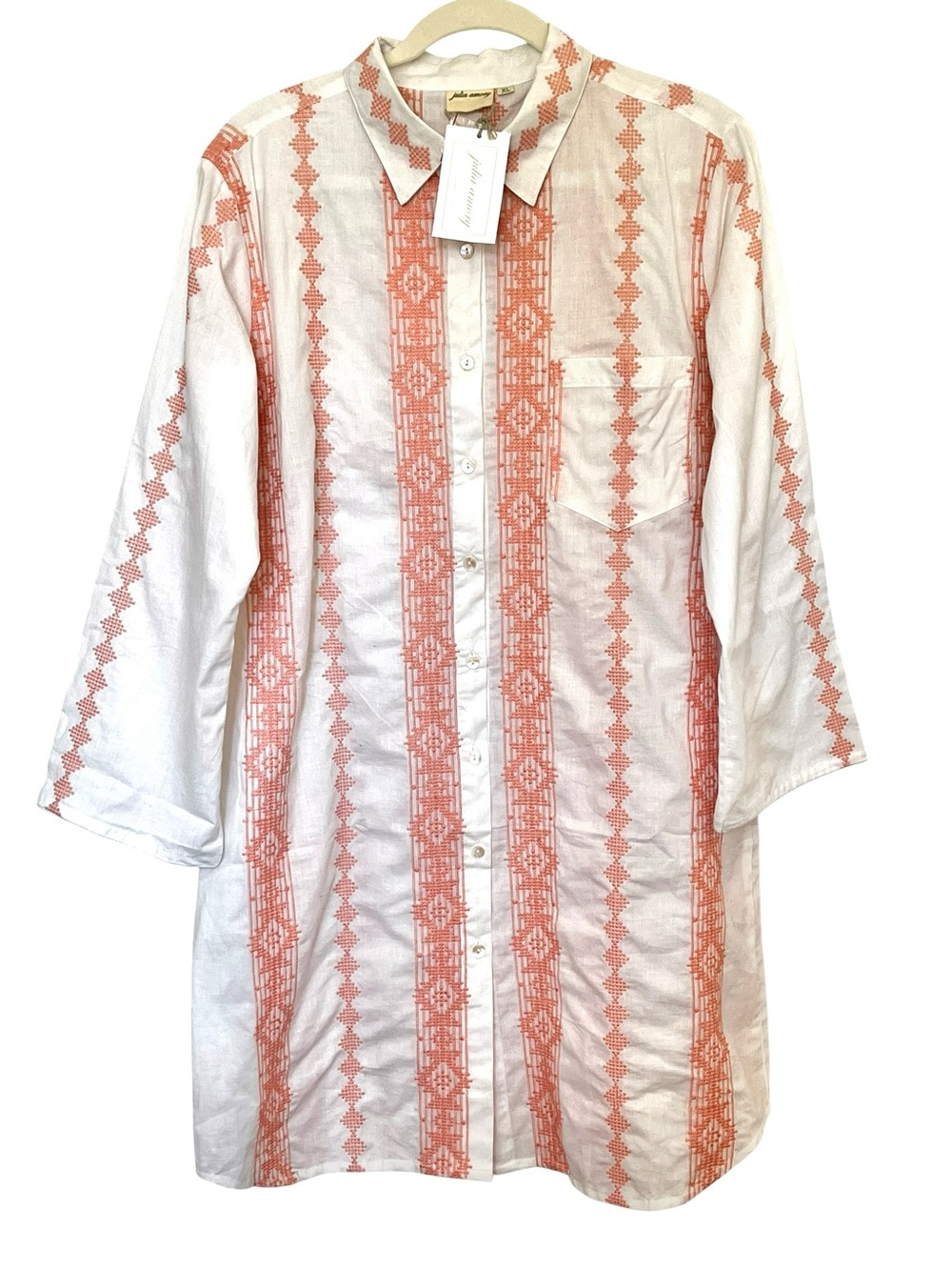 Julia Amory NWT Embroidered Cotton Tunic Shirt Dress Cover Up Coastal Boho XL